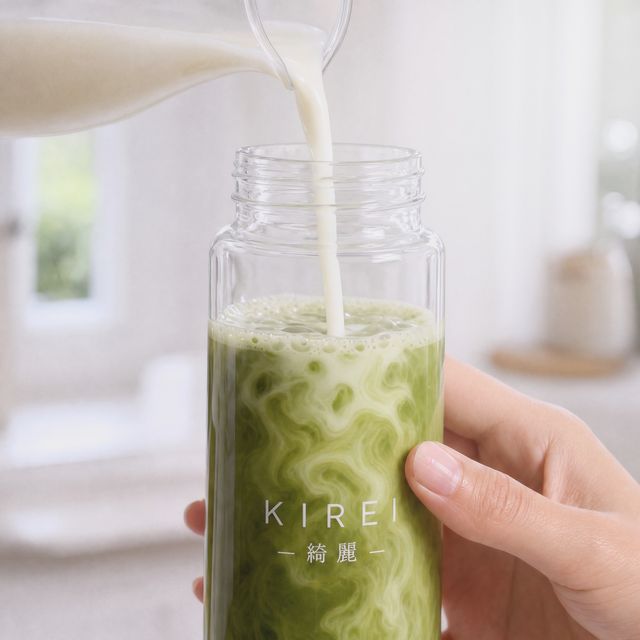 Milk being poured into green KIREI matcha