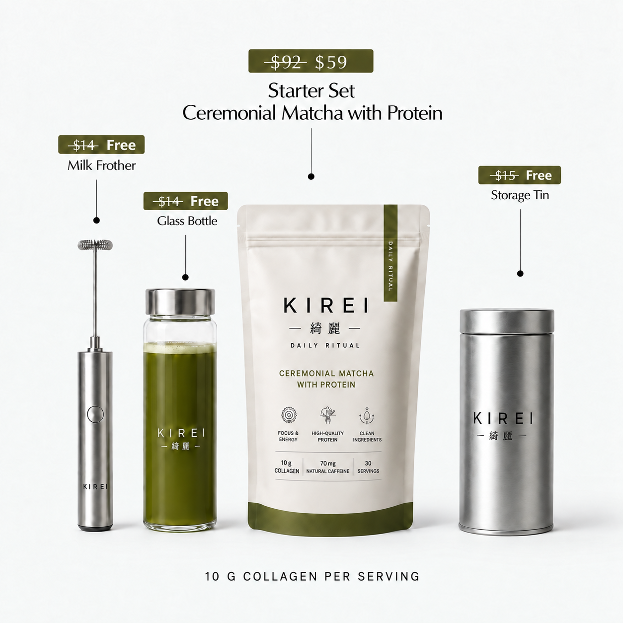 Starter Set with matcha, glass bottle, milk frother, and storage tin