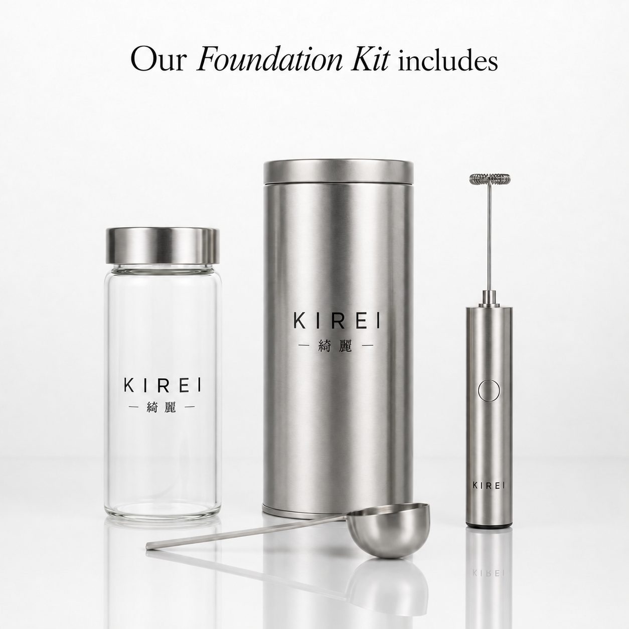 Our Foundation Kit includes a glass bottle, storage tin, milk frother, and scoop