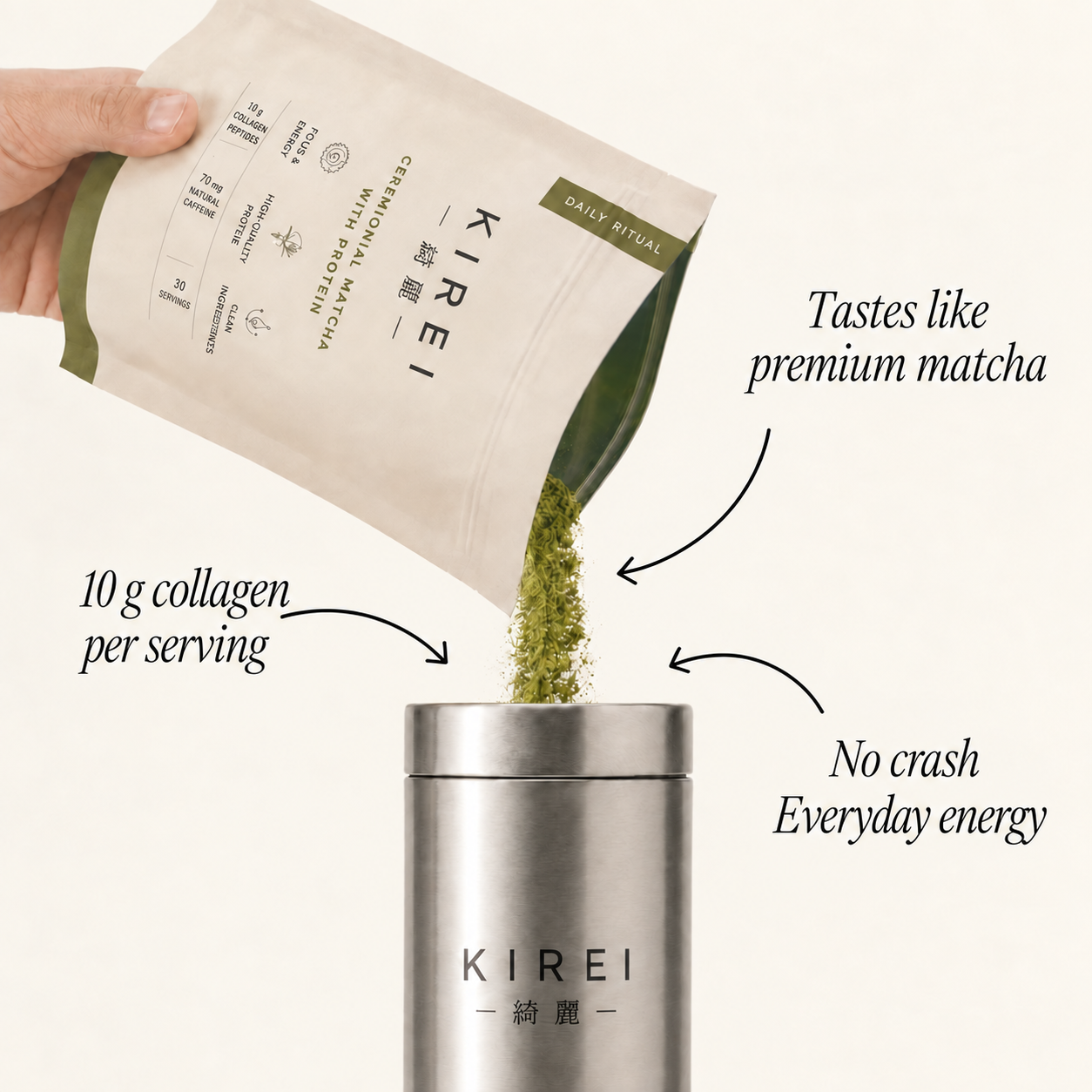 Matcha with protein in the storage tin