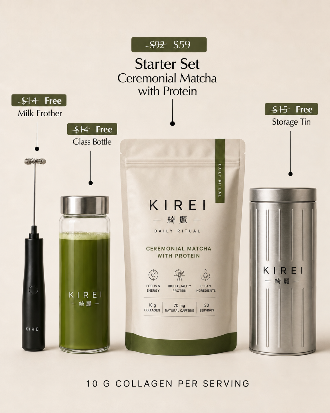 Starter Set with matcha, glass bottle, milk frother, and storage tin
