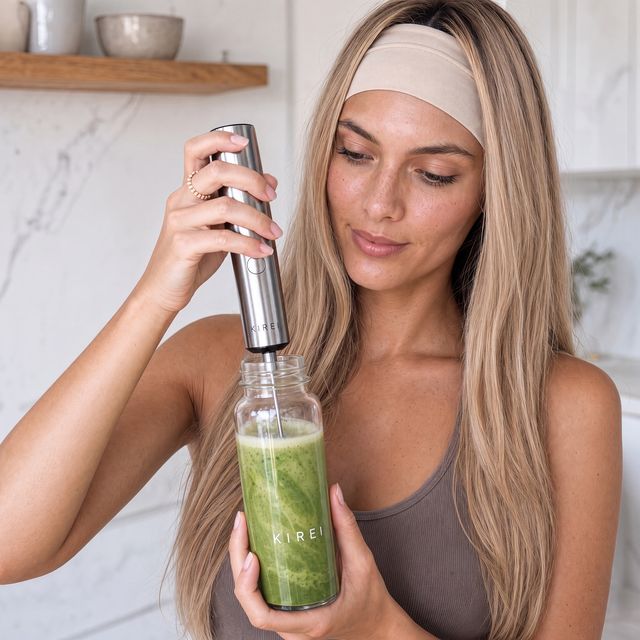Matcha being frothed in the bottle with the KIREI frother